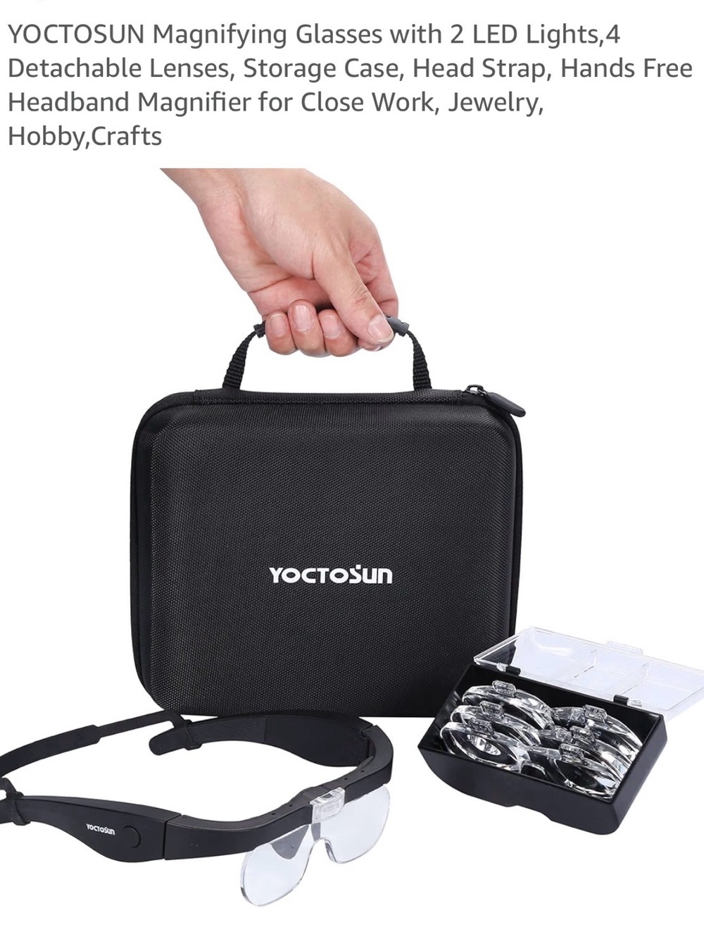 Black Hands-Free Headband Magnifier with LED Lights and 4 Detachable Lenses
